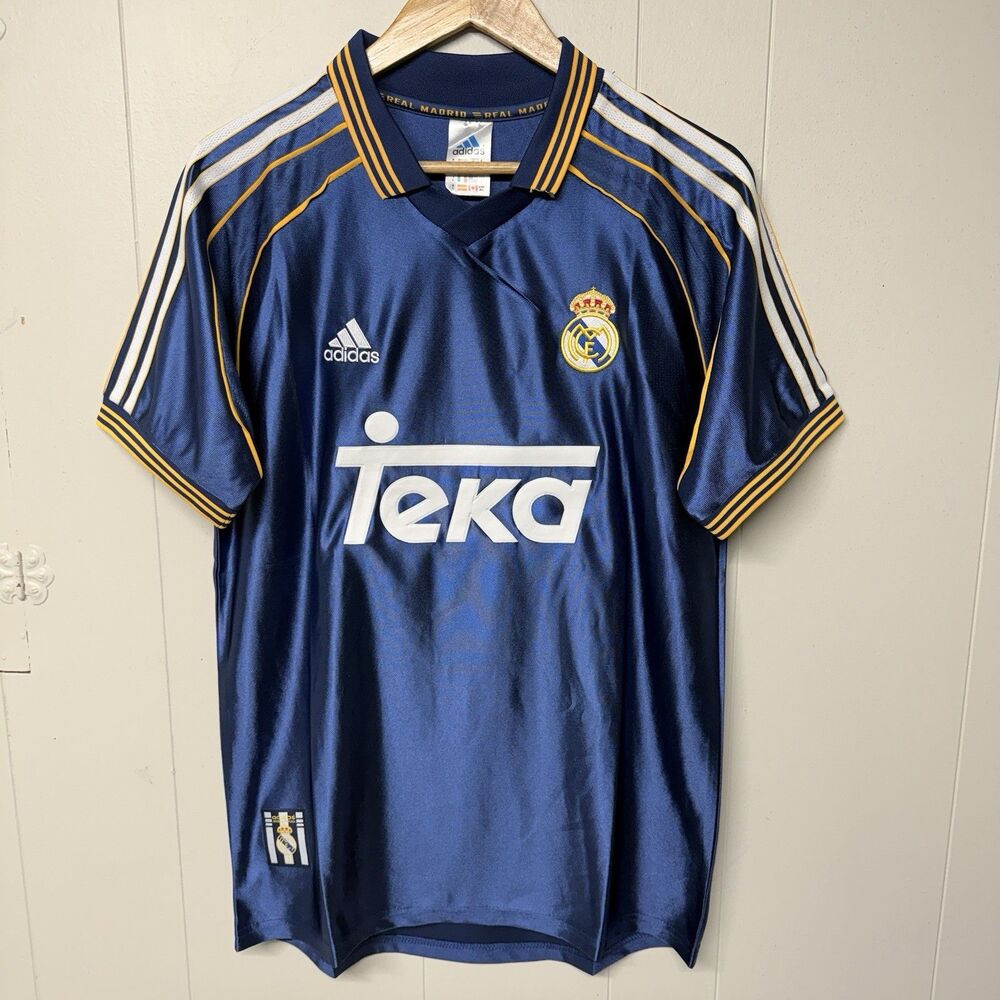 NWT Vintage Adidas Real Madrid 1999 Third Shirt Jersey Soccer Kit Blue Men L